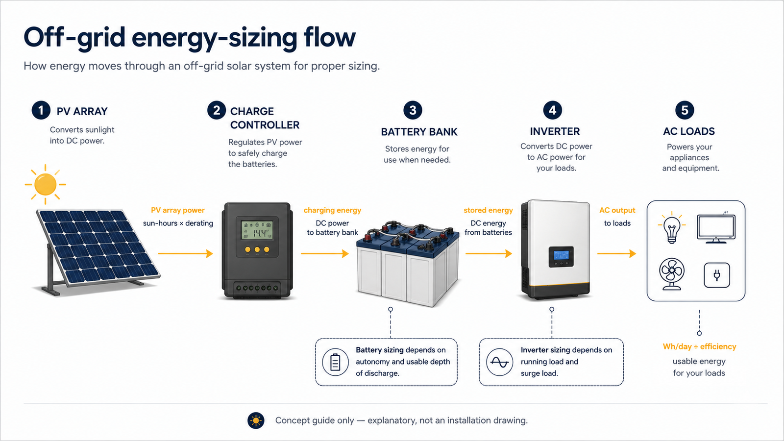 Off-grid solar energy-sizing flow showing a PV array, charge controller, battery bank, inverter and AC loads.